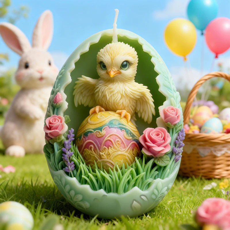 Molde de Silicona 3D para Velas con Diseño de Pollito y Huevos, Molde para Velas Hechas a Mano, Molde de Cera Aromática con Relieve Floral, Herramienta de Decoración para el Festival de Primavera