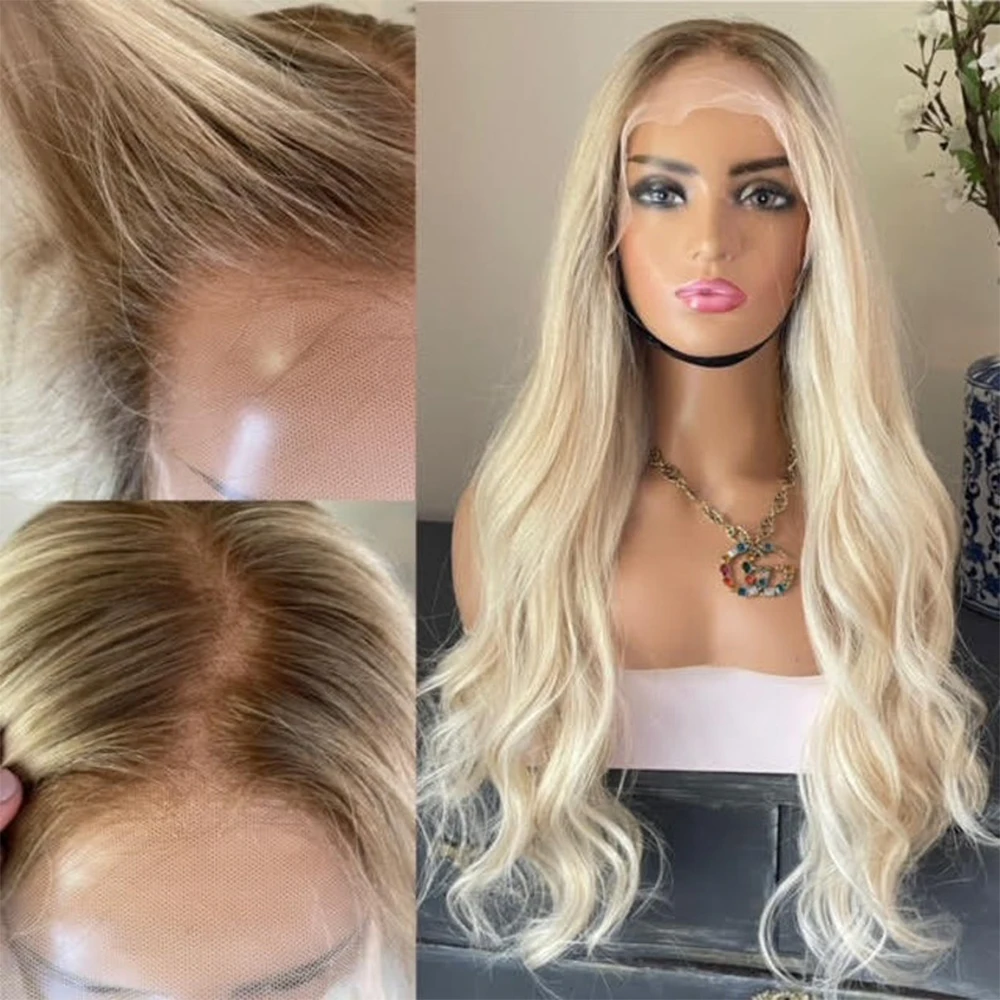 Light Blonde Full Lace Wigs with Ash Blonde Roots Premium Brazilian Human Hair Slight Wavy Wig Platinum HD 13x6 Lace Front Wig