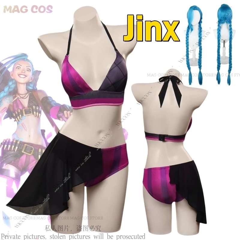 ชุดว่ายน้ำเกม LOL jinx วิกชุดคอสเพลย์ผู้หญิงเล่นบทชุดคอสเพลย์ผู้หญิงฮาโลวีน Baju karnaval บิกินี่ทรงหลวมแคนนอนผู้หญิงเซ็กซี่