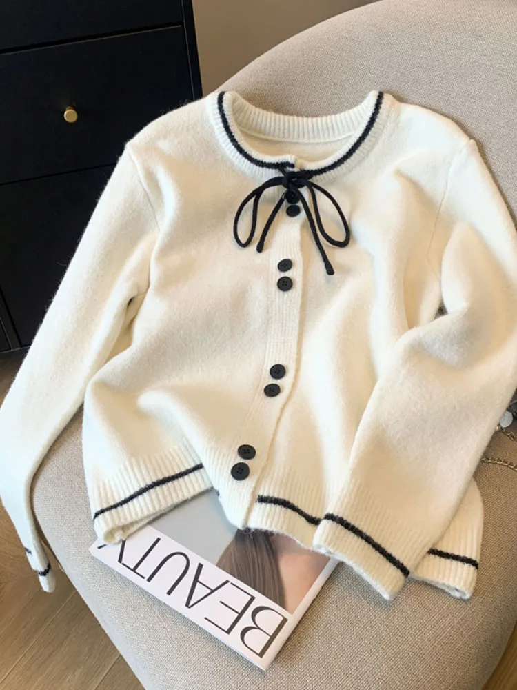 Japanese Fashion Women Knitted Sweater Loose Preppy Style Sweet Single Breasted Cardigans Oversize Lace Up Jumper Autumn Winter