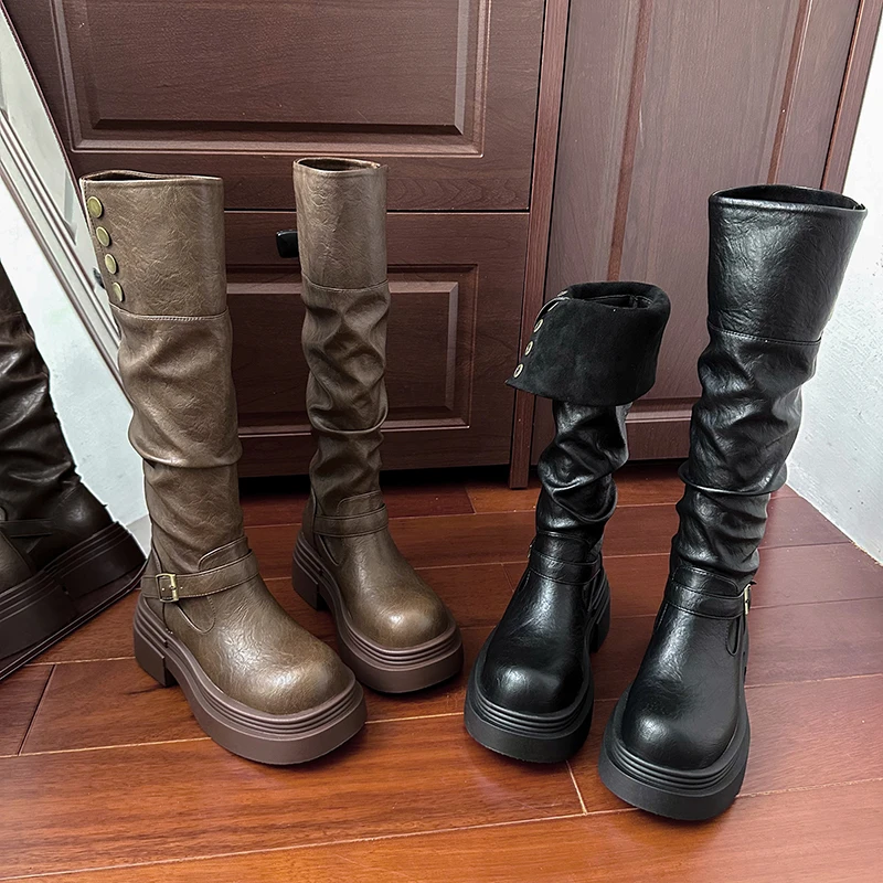 Autumn Winter Platform Thick Bottom Women Long Boots Fashion Slip On Shoes Vintage Ladies Knight Botas