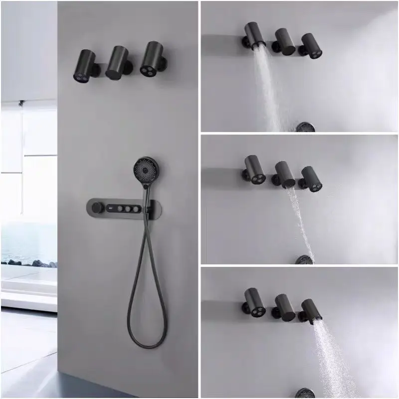 Luxury 4 modes Waterfall Rainfall Bathroom shower faucet set Wall Mounted Brass Thermostatic Shower head set Four Functions,Gold