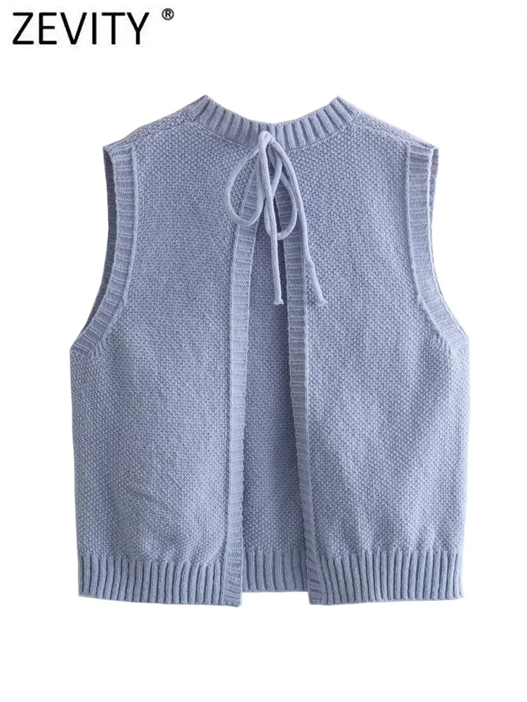 Zevity Women Fashion Sleeveless Back Split Lace Up Short Knitting Vest Sweater Female Chic O Neck Solid Pullovers Tops SW6277