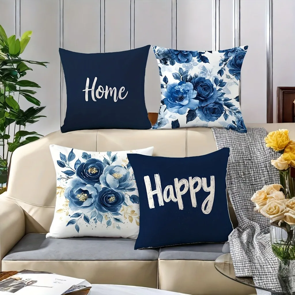 Blue Floral Text Print Pattern Home Decor Pillowcase Bedroom Living Room Sofa Decoration Polyester Cushion Cover with Zipper