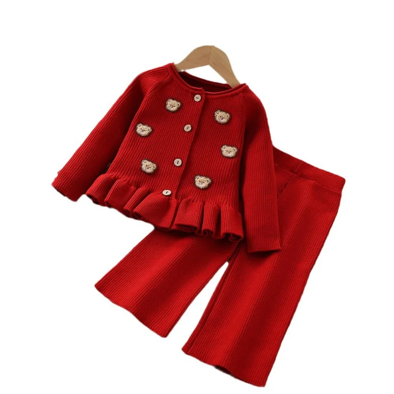 2024Autumn and Winter New Girls Western Style Cute Cartoon Bear Knitted Cardigan Two-Piece Pants