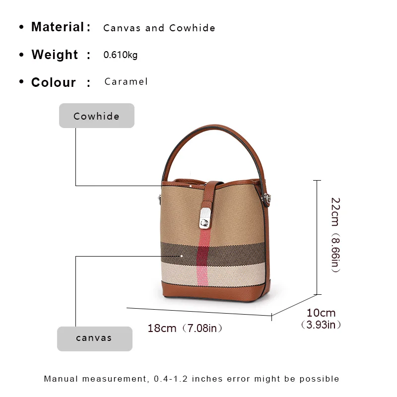 New canvas paired with cowhide women\'s shoulder crossbody bag, fashionable plaid pattern bucket bag