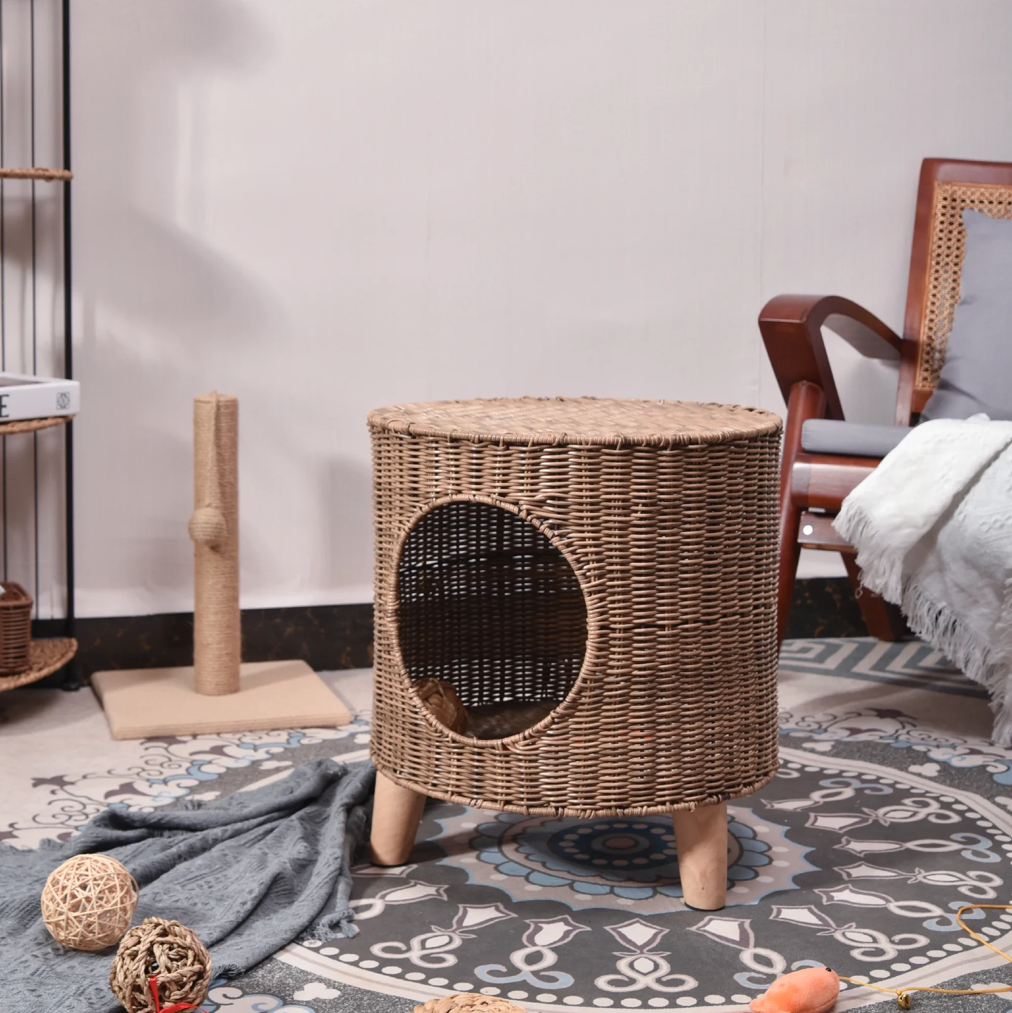 Unique Multifunctional Ottoman Table House Footrest Seat Large Cube Condo Bed For Cats And Dogs With Washable Mat Pet Basket