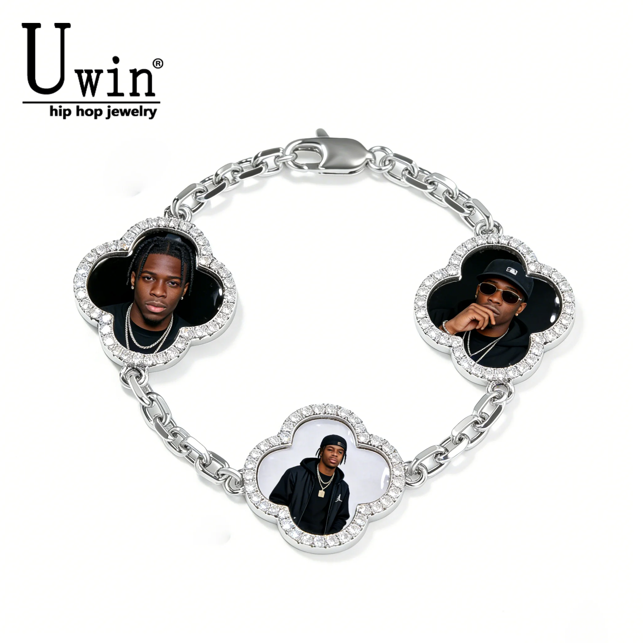 

Персонализированный браслет Uwin с клевером и фото, на 3 изображения, DIY, с четырехлистным клевером на удачу, браслет-память, инкрустированный фианитами, семейный подарок