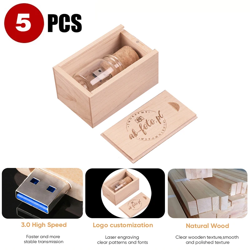 

5 pcs Free LOGO Wooden Box + Glass Bottle 3.0 USB Flash Drive Pen Drive Pendrive External Storage Memory Stick 04-08-16-32-64GB