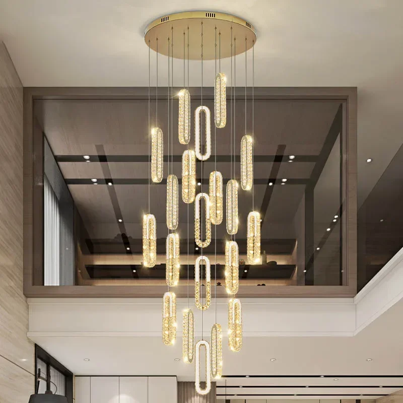 Modern Luxury Crystal Pendant Lights Home Decoration High-rise Villa Stairwell Living Room Ceiling Chandelier Golden LED Light