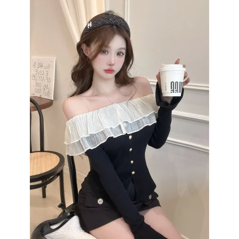Women's Spring Autumn Blouse One-shoulder Shoulder Knit Ruffle Flared Sleeves Solid Color Slim Simple Loose Design Soft Niche