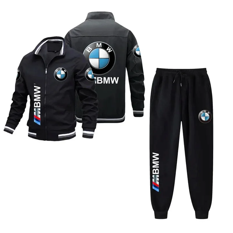 ชุดแจ็คเก็ตซิปพิมพ์ลายโลโก้แบรนด์ BMW สำหรับผู้ชาย เหมาะสำหรับผู้ที่ชื่นชอบรถยนต์ แจ็คเก็ตฤดูใบไม้ผลิและฤดูใบไม้ร่วงแบบสตรีท+กางเกง ชุดสองชิ้น