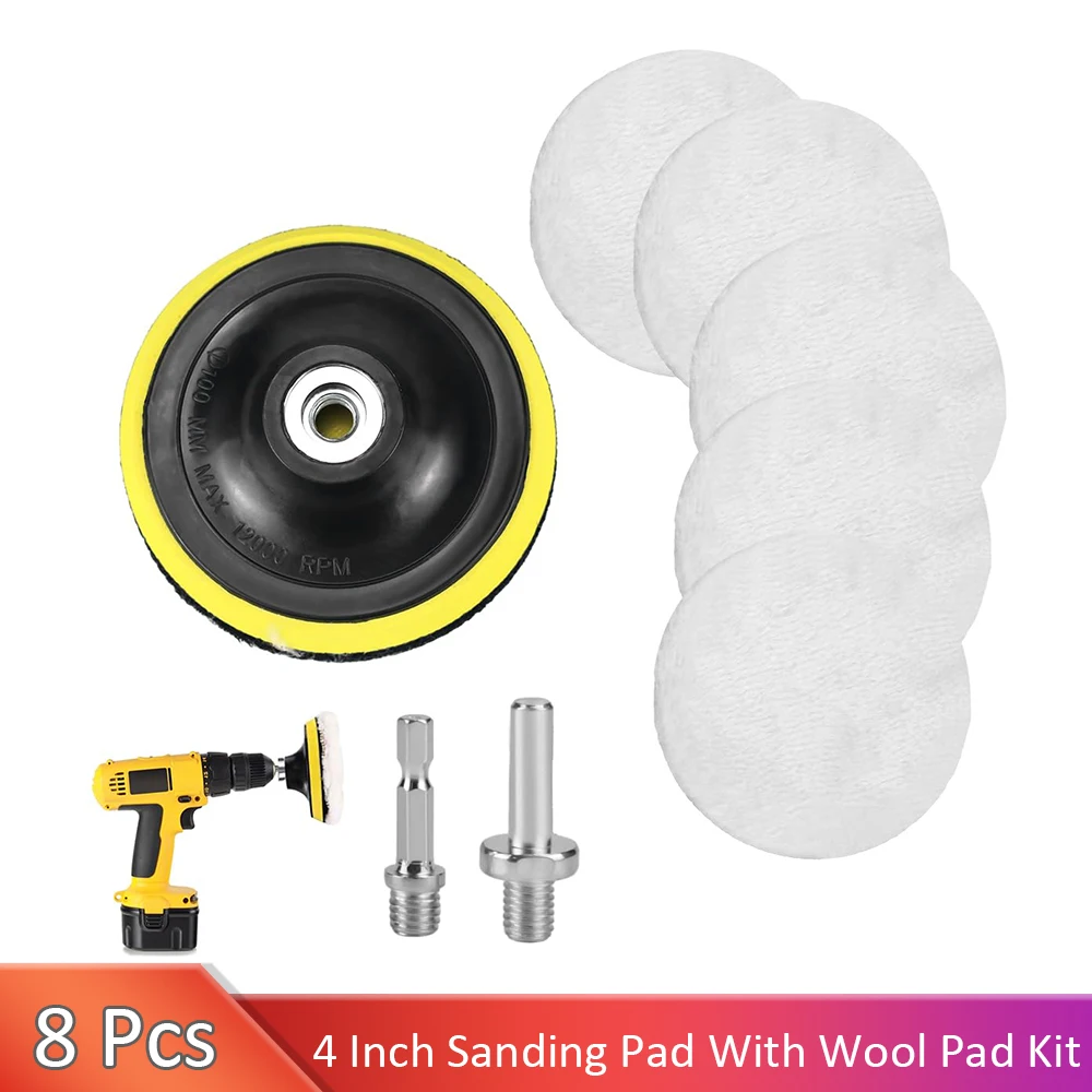 

8 Pcs 4 Inch Wool Polishing Set with M10/M14 Sanding Plate Drill for Waxing Polishing Laminating Painting Detail Cleaning