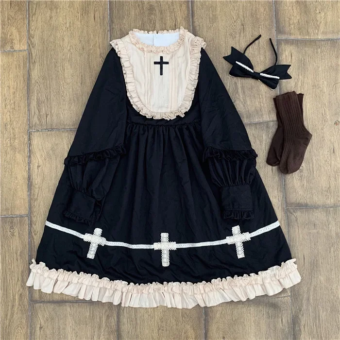 Cross Embroidered Lolita Dress, Classic Long Sleeve, Matching KC