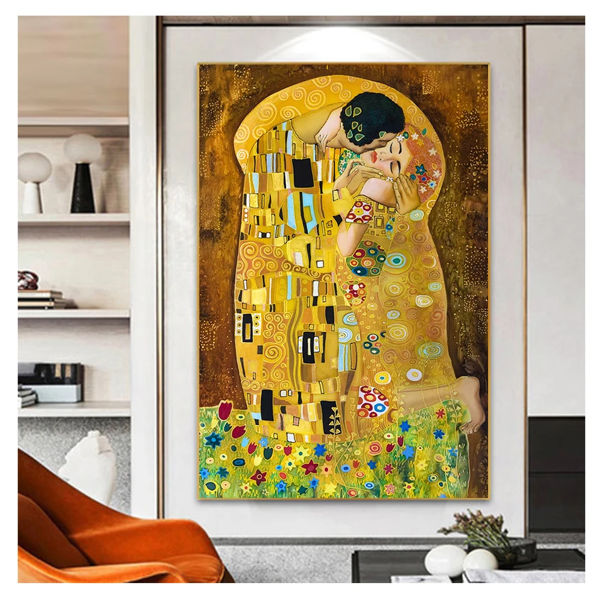 Lukisan Minyak Abstrak Di Atas Kanvas Cetak Gambar Dinding Seni Modern untuk Ruang Tamu Cuadros Seniman Klasik Gustav Klimt Kiss