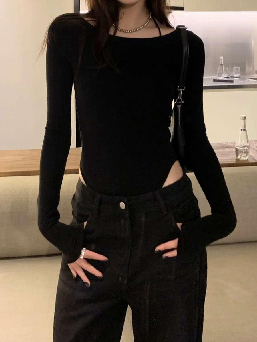 

Сексуальная футболка-комбинезон Cross Ba Long Sve Spicy Girl для похудения Base Layer irt Top Street Sle Thin Fabric Hollow out mid W...