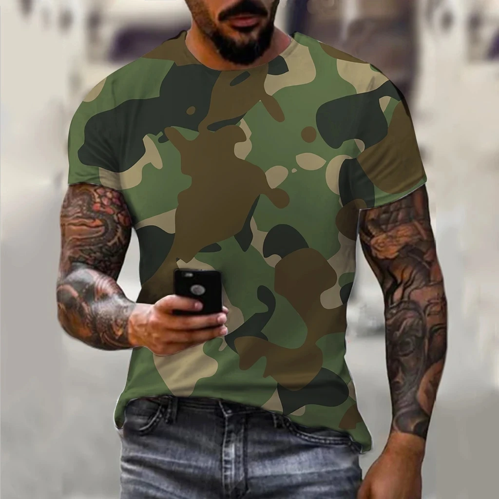 Fashion New Vintage Men's Army Camo Stripe Pattern Printed Top T-shirt Popular Harajuku Round Neck Comfortable Short Sleeve