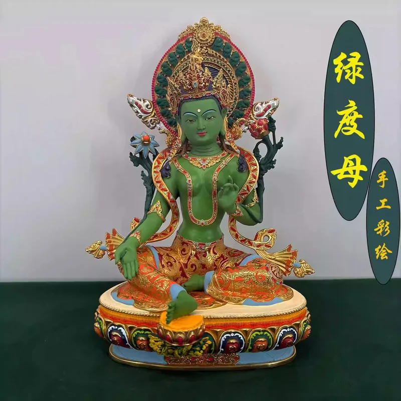 Green Tara pure copper hand-painted with backlight Tibetan Tantric home worship tabletop Buddhist hall ornament7Inch10Inch