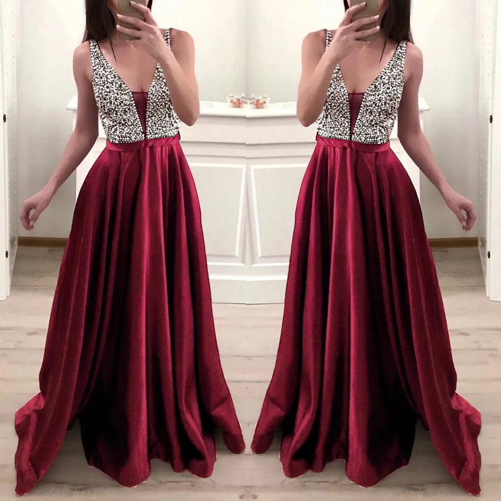فستان نسائي للحفلات المسائية من الخرز اللامع بدون أكمام من الساتان الأحمر عالي الخصر فساتين طويلة ثوب حفلة ترتر فستان رسمي