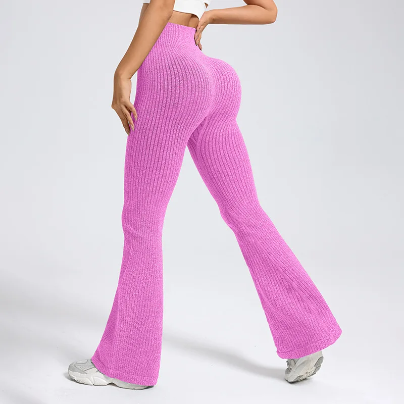 Women Winter Striped Flared Leggings Gym Fitness Athletic Workout Trousers Yoga Pants Knitted Sports Training Tights Sportswear