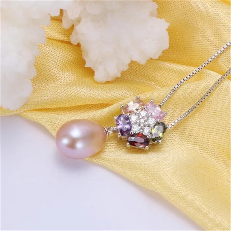 925 Sterling Silver Colorful Zircon Pendant Jewelry 100% Genuine Natural Freshwater Oval Pearl Necklace Women(No Chain)