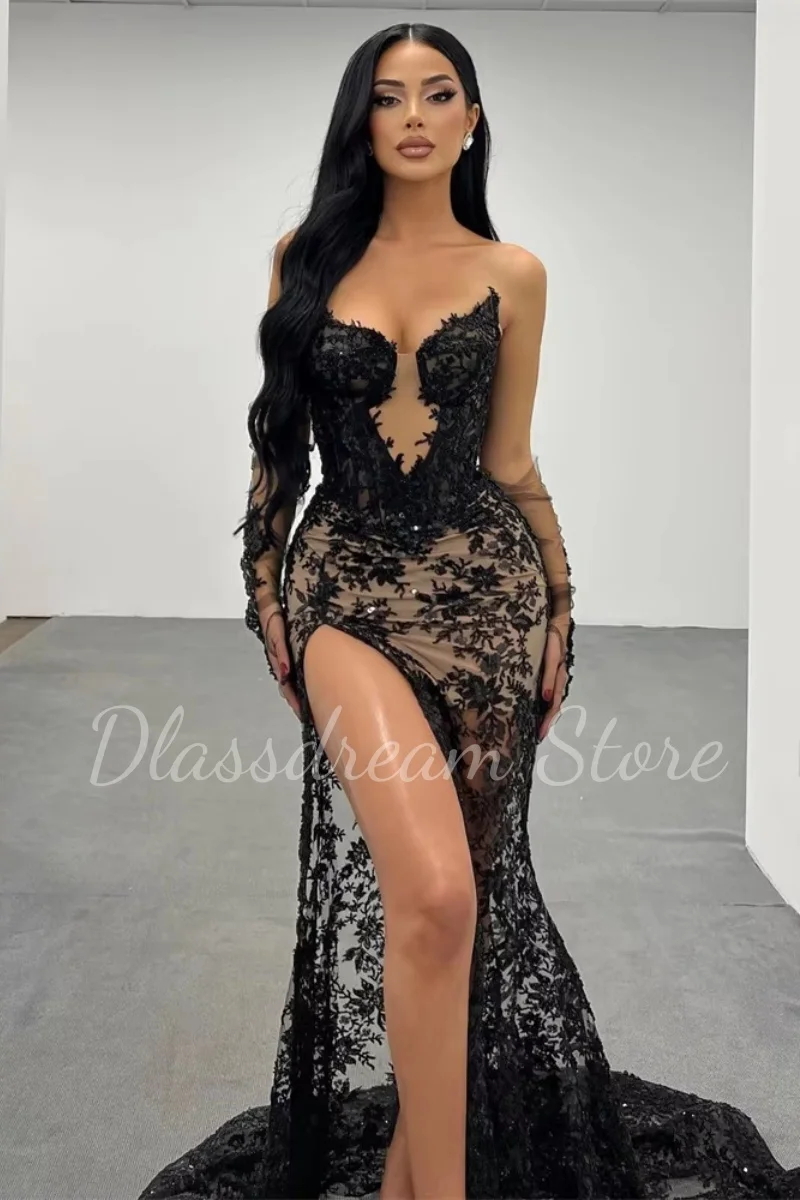 Vestido de noche de encaje negro Sexy personalizado, vestido de fiesta sin mangas con escote en forma de corazón y guantes, vestido de fiesta, bata de trompeta con abertura lateral alta