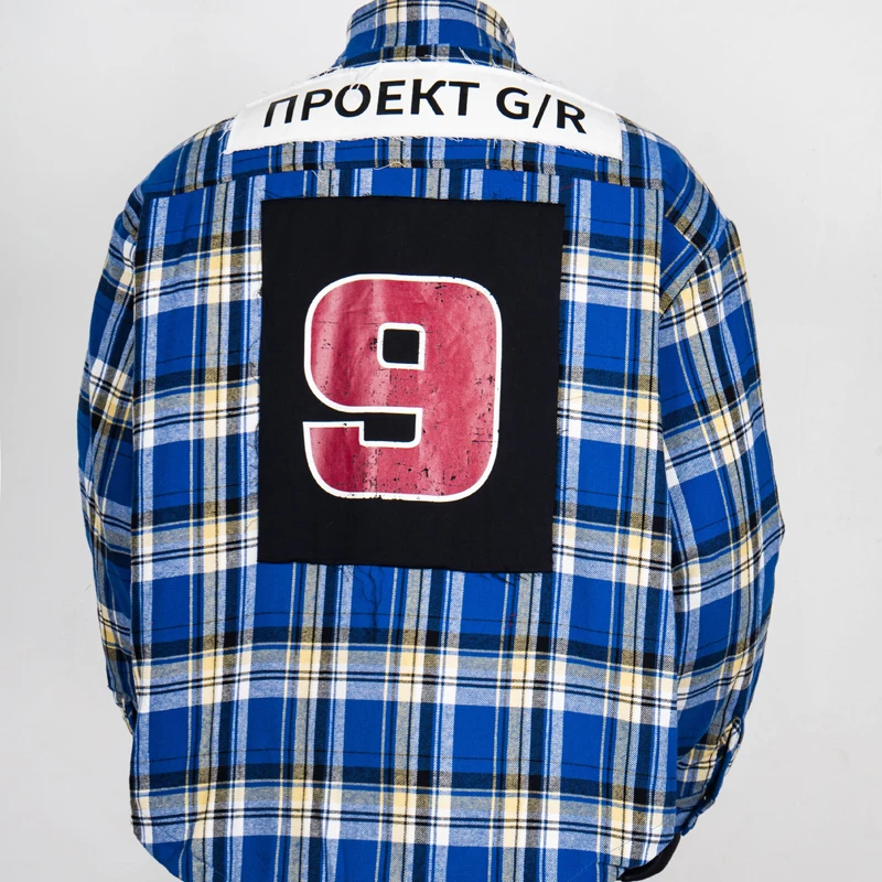 

Большая нашивка с вышивкой Digit 9 Logo Project GR клетчатая рубашка на молнии Куртка для мужчин и женщин Зимняя толстая хлопковая красная синяя рубашка V-образной формы Пальто