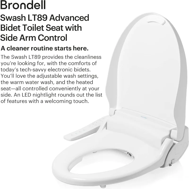 LT89 Electric Bidet Toilet Seat, Fits Elongated Toilets, White – Side Arm Control, Warm Water Wash, Strong Wash Mode, S