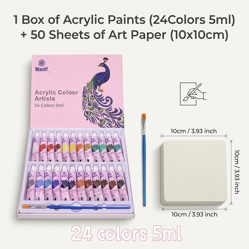 12/24 colors 5ml acrylic painting pigment + 50 sheets of 10*10cm watercolor paper, suitable for students' acrylic painting creat
