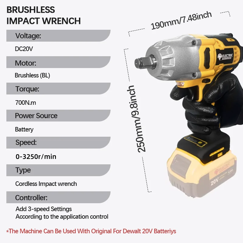 EG kunci pas elektrik tanpa kabel tanpa sikat 700Nm, kunci pas torsi penghilang roda mobil, alat perbaikan pistol untuk baterai Dewalt 20V