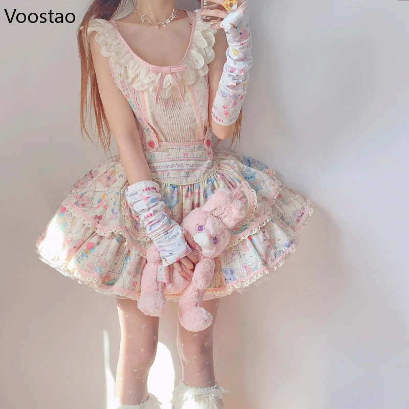 Sweet Lolita Princess Dress Set Women Kawaii Cartoon Print Bow Tea Party Dresses Japanese Girls Cute Blouse Skirt 2 Piece Sets