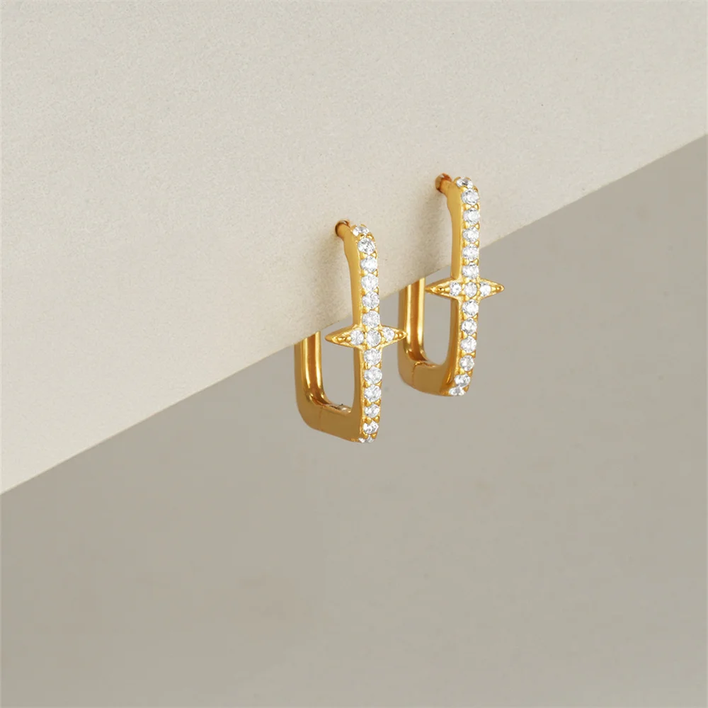CANNER 925 Silver Four Pointed Star Square Hoop Earrings For Women 18K Gold Plated Vintage Flower Green Zircon Ins Fine Jewelry
