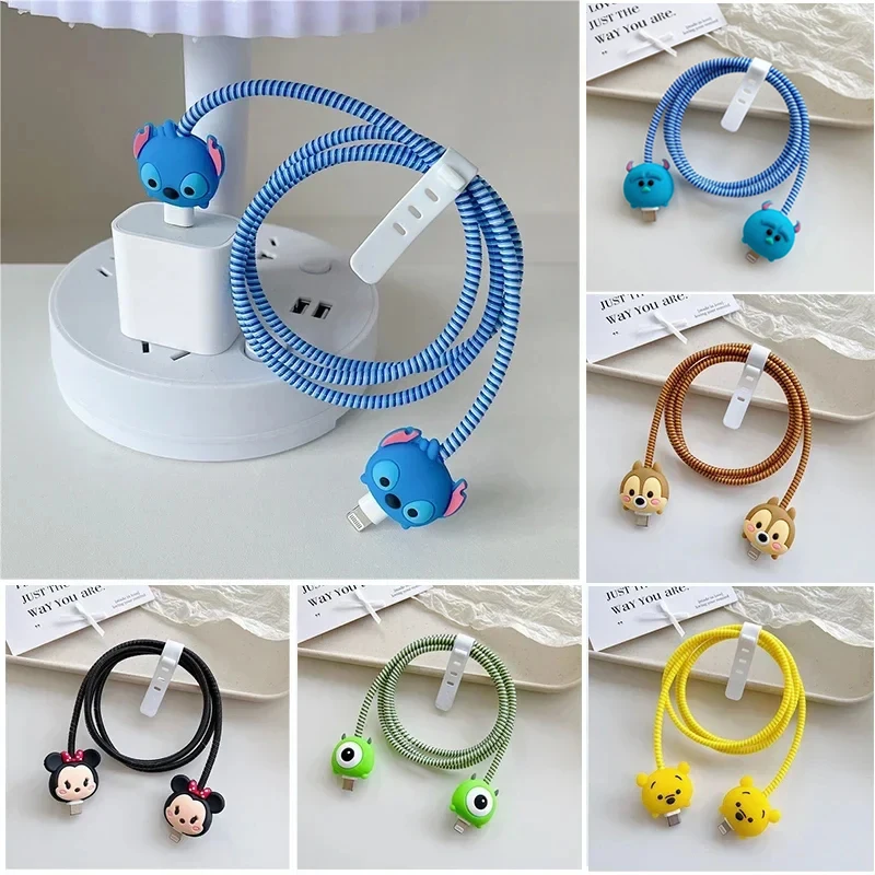 

Charger Cable Protector Case Winder Kawaii Anime Figures Cartoon Stitch Data Line USB Protection Cover Storage Cord 4-piece Set