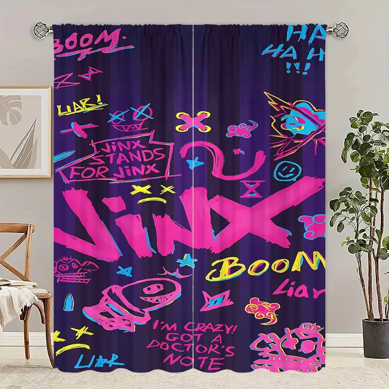 2Pcs- Graffiti lettering - Printed curtains, Polyester semi-transparent curtains -100% polyester material, home decor