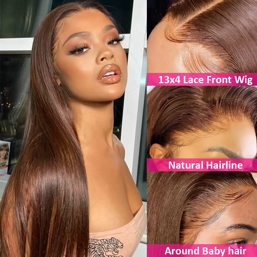 250% Density Brazilian Human Hair Wigs 13x4 HD Lace Front Wig Bone Straight Chocolate Brown #4 Lace Front Wigs 34 inch 5*5 4/27