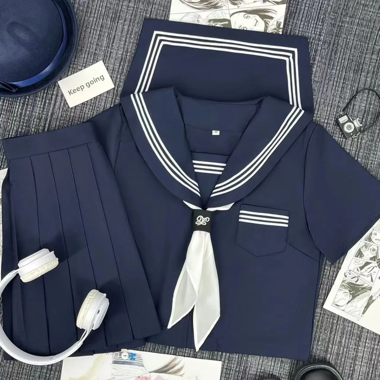 plus Size JK Uniform Set Sailor Suit School Uniform Casual Style Short Sleeve V-Neck Two-Piece Set for Adult Women