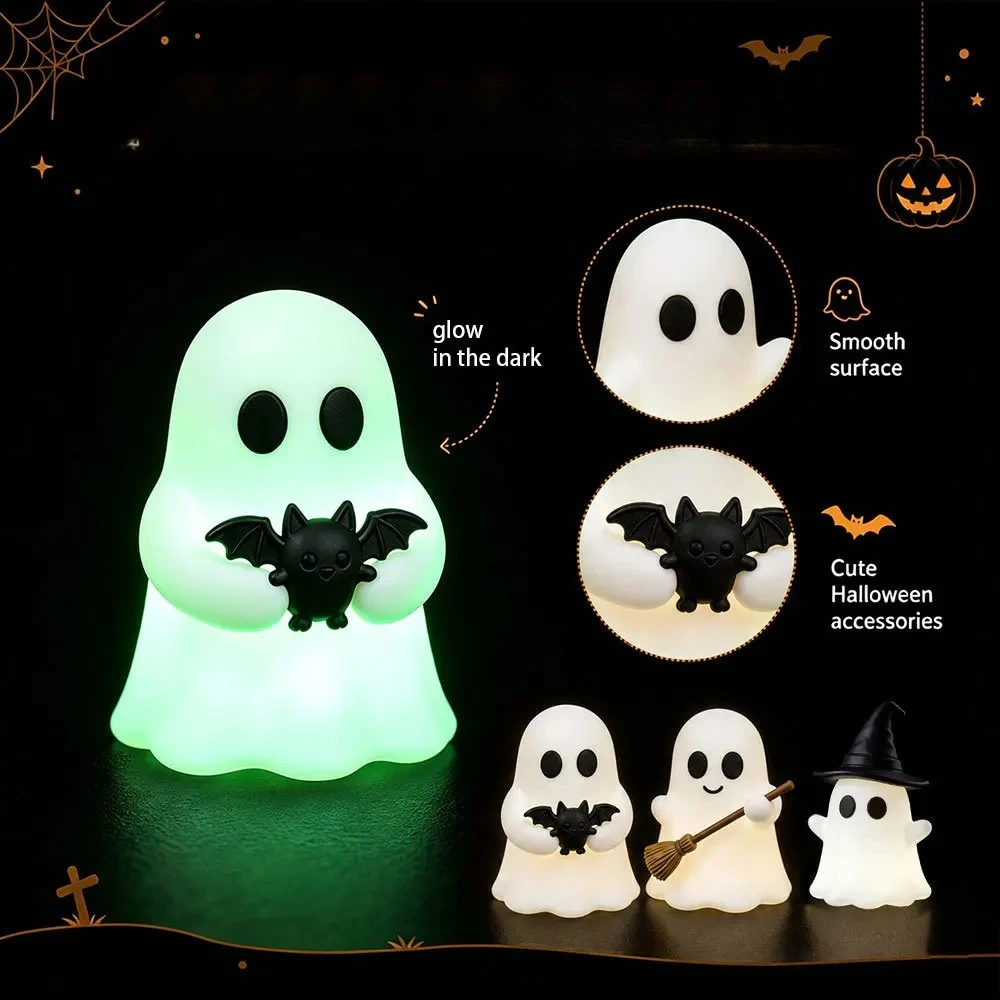 New Halloween Luminous Mini Ghost Statue Soft  Glow In Dark Ornament Cute Spooky Table Decor for Baking Topper Handcraft Holiday