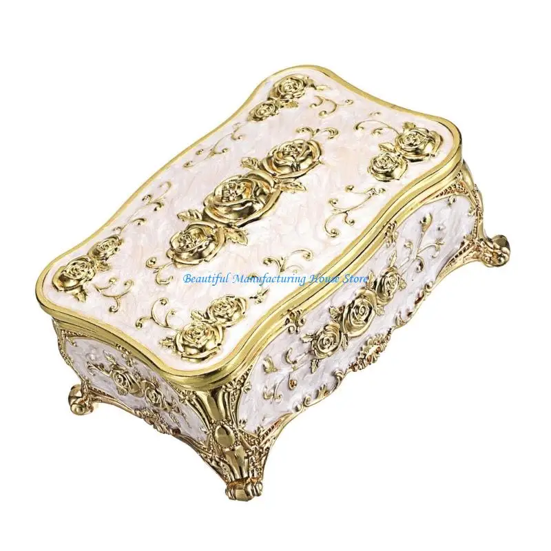 صندوق منظم المجوهرات الوظيفي E56A مع تصميمات بنمط الورد وبنية داخلية من سبائك الزنك من القطيفة للتخزين الفعال #2