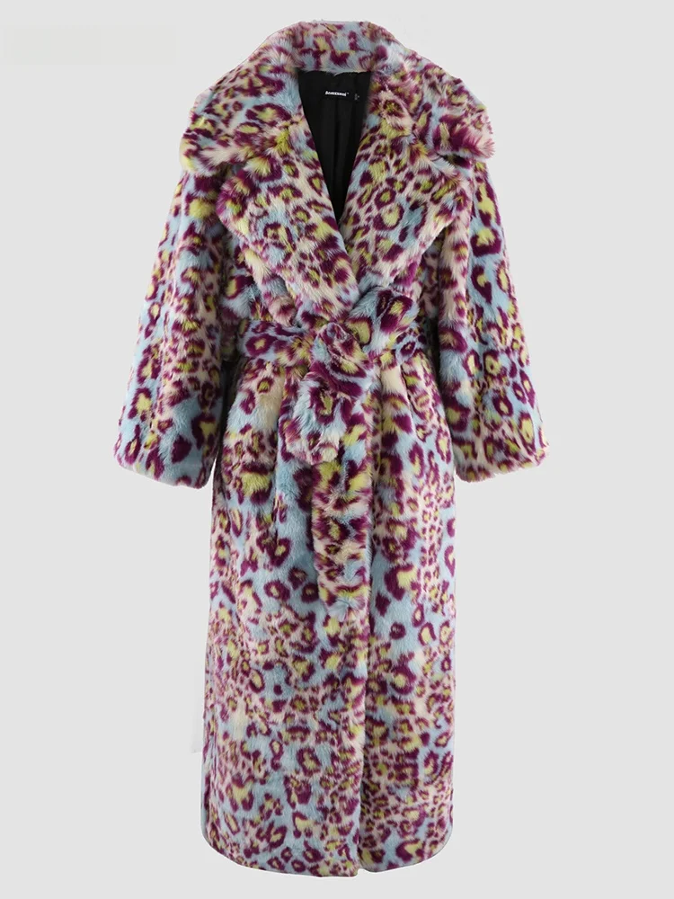 

Nerazzurri Fashion Leopard Print Eco-Friendly Fur Coat Women's Winter Ultra-Long Mink Fur Plush Coat Korean Style