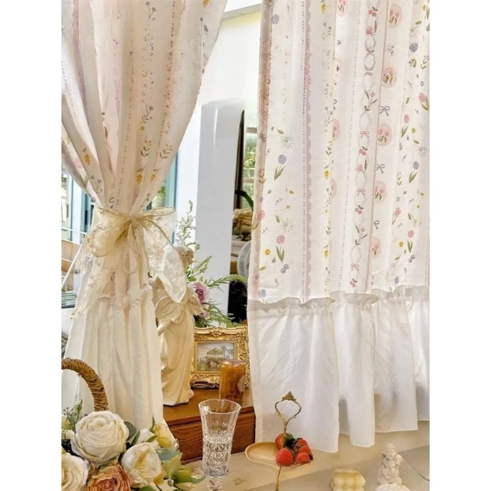 Korean Style Small Fresh Printed Pink Tulip Curtains for Living Room Blackout Bedroom Window Covering Door Thermal Custom Size