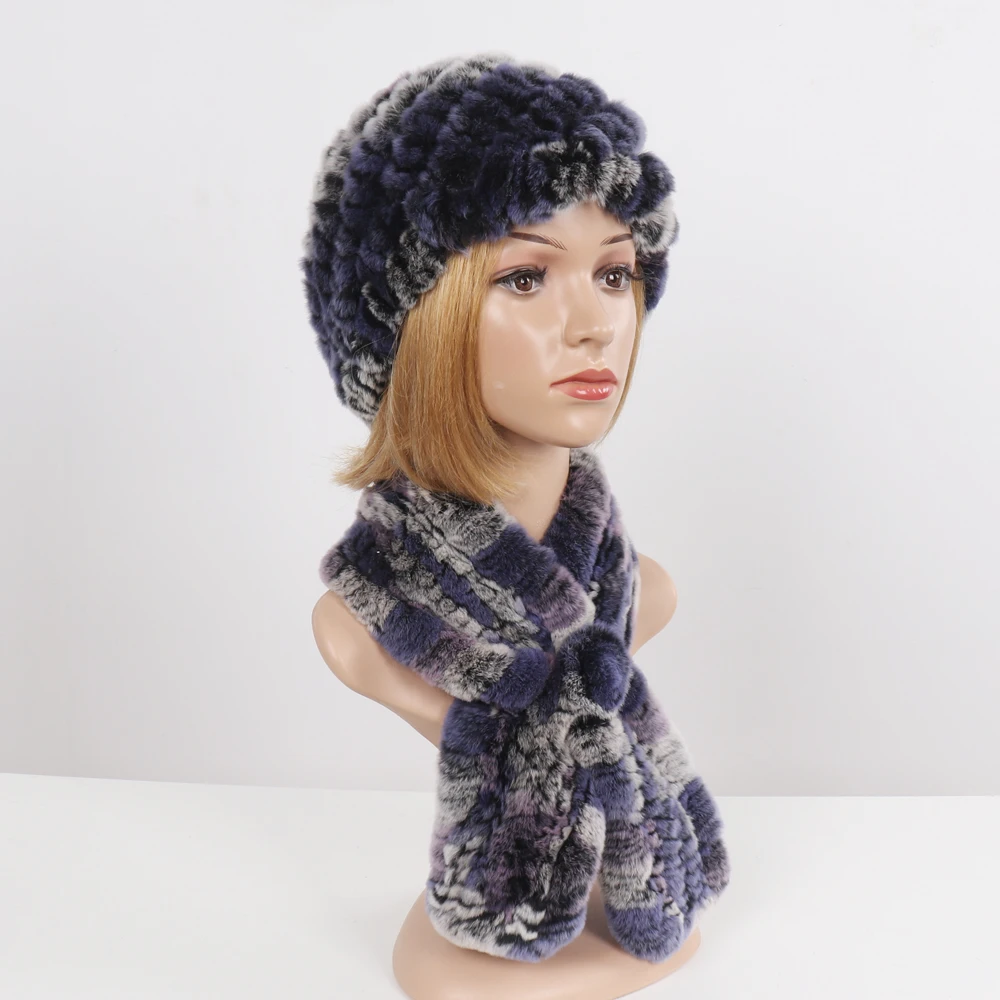 2025 neue Frauen Echtpelz Hut Schal Sets Winter Warme Gestrickte Rex Kaninchen Fell Mützen Hüte Schals Weibliche 100% natürliche Pelzmütze Schal
