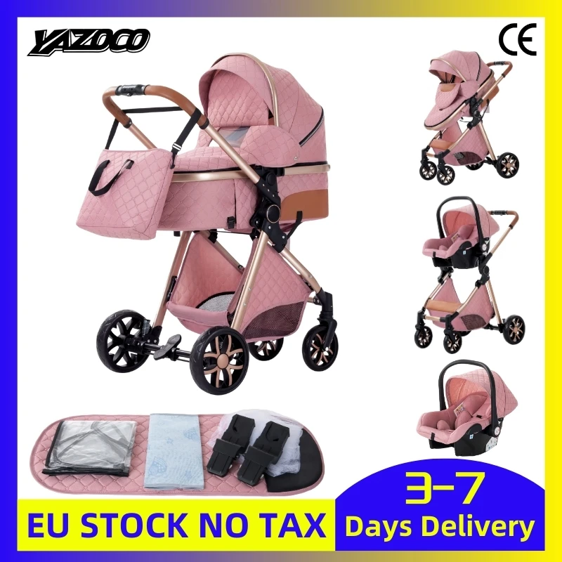 عربة أطفال 3 في 1 ممتصة للصدمات مع سرير حمل، عربة أطفال خفيفة الوزن، يمكن استخدامها للجلوس أو الاستلقاء، توصيل مجاني