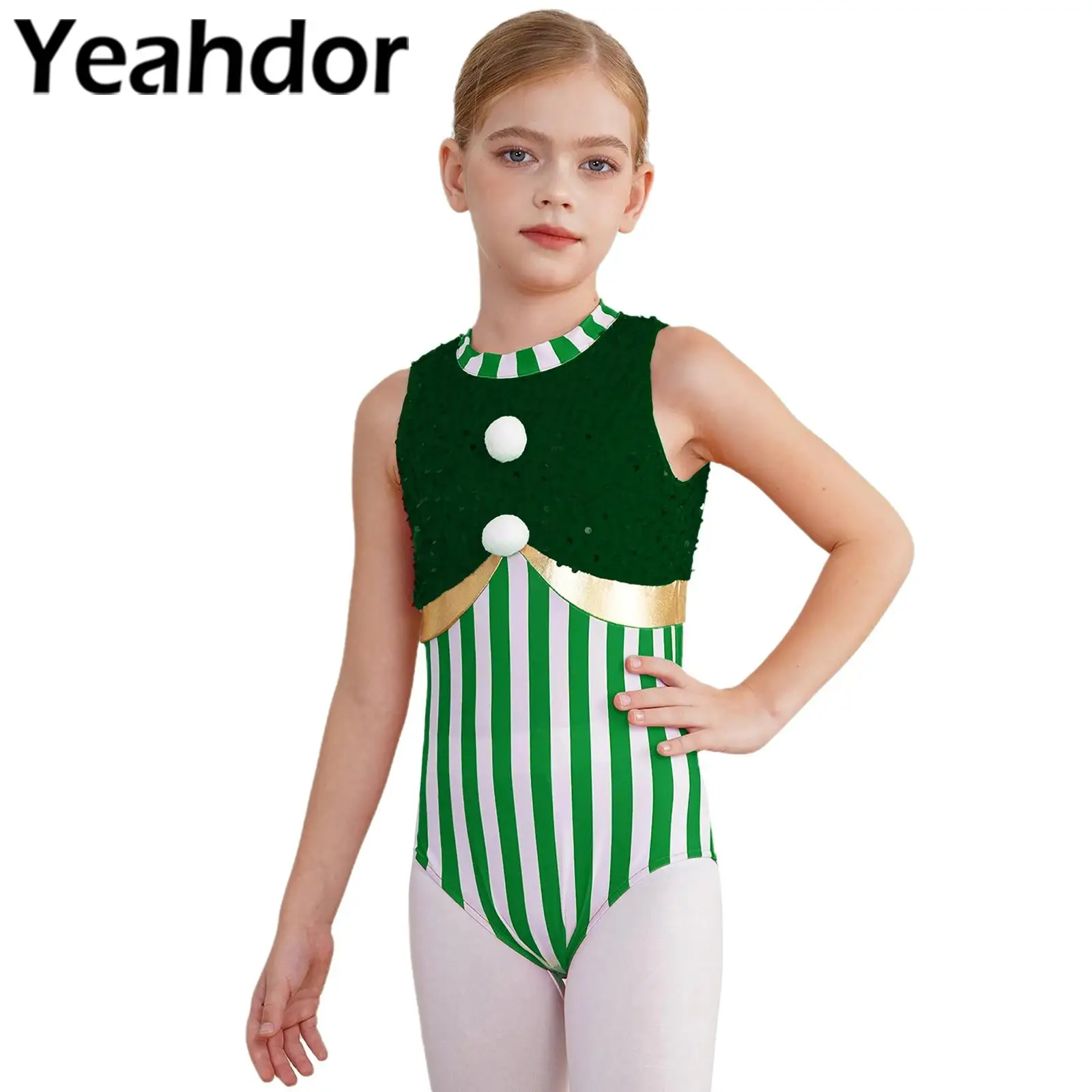 Kids Girls Christmas Ballet Dance Leotard Gymnastics Figure Ice Skating Bodysuit Sleeveless Candy Cane Stripe Sequins Jumpsuit