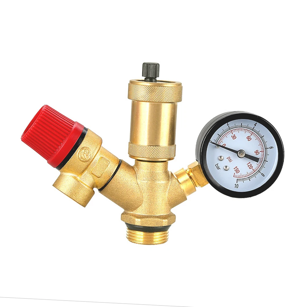0-10 Bar Pressure Gauge Fitted Brass External Thread Safety Relief Valve for Solar Thermal Water Heater Protection