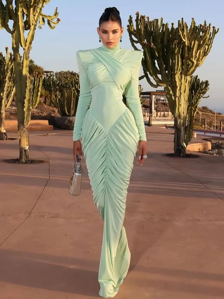 Vestido largo plisado liso con hombros anchos para mujer, elegante vestido ajustado de manga larga con espalda descubierta, Vestidos de calle para vacaciones de verano