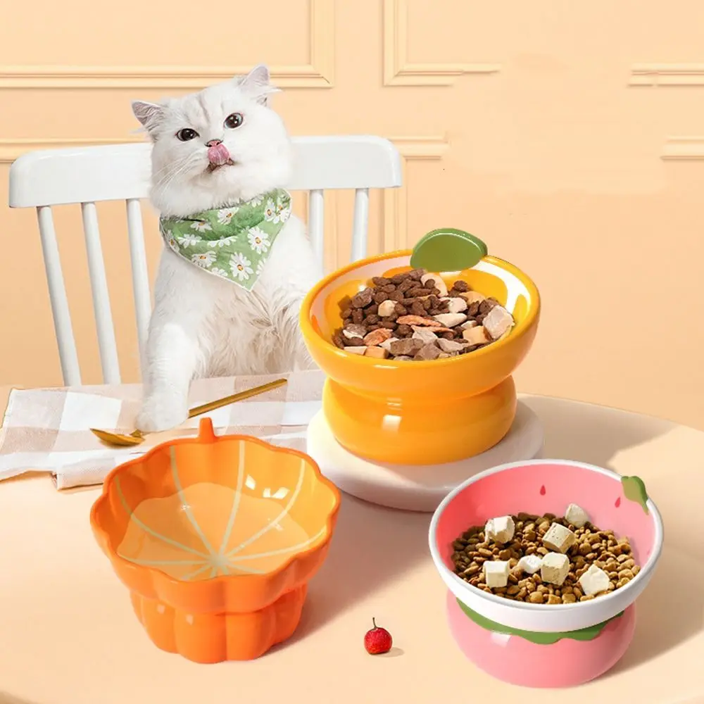 

Hand Painted Ceramic Raised Cat Bowl High Foot Fruit Series Anti Vomiting Cat Bowl Oblique Mouth Neck Protection Tilted Cat Dish