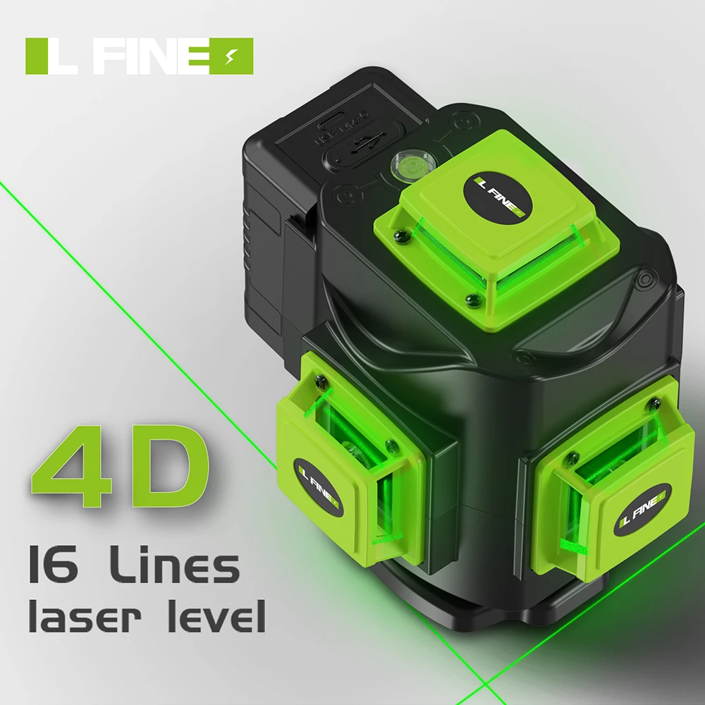 LFINE-Nivel láser 360, herramienta de construcción de línea cruzada verde, autonivelante, 4D, 16 líneas, luces verdes, profesional