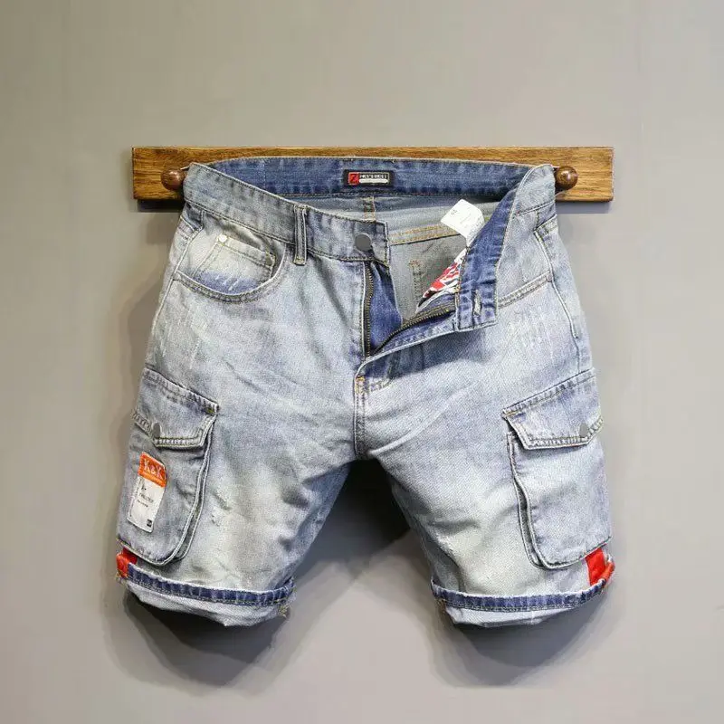 

Fashion Summer Denim Shorts for Men with Knee-Length Casual Korean Style Kpop Streetwear Distinctive Tool Pocket Denim Shorts