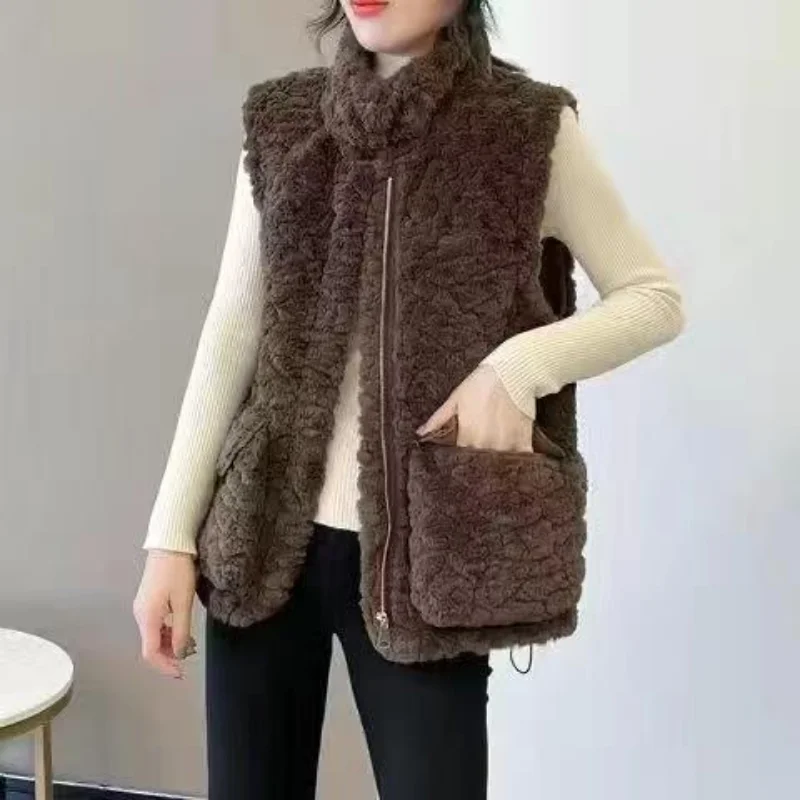 Chalecos cálidos de lana de cordero para mujer, chaqueta sin mangas de piel sintética, cárdigan de talla grande con bolsillos con cremallera, abrigo