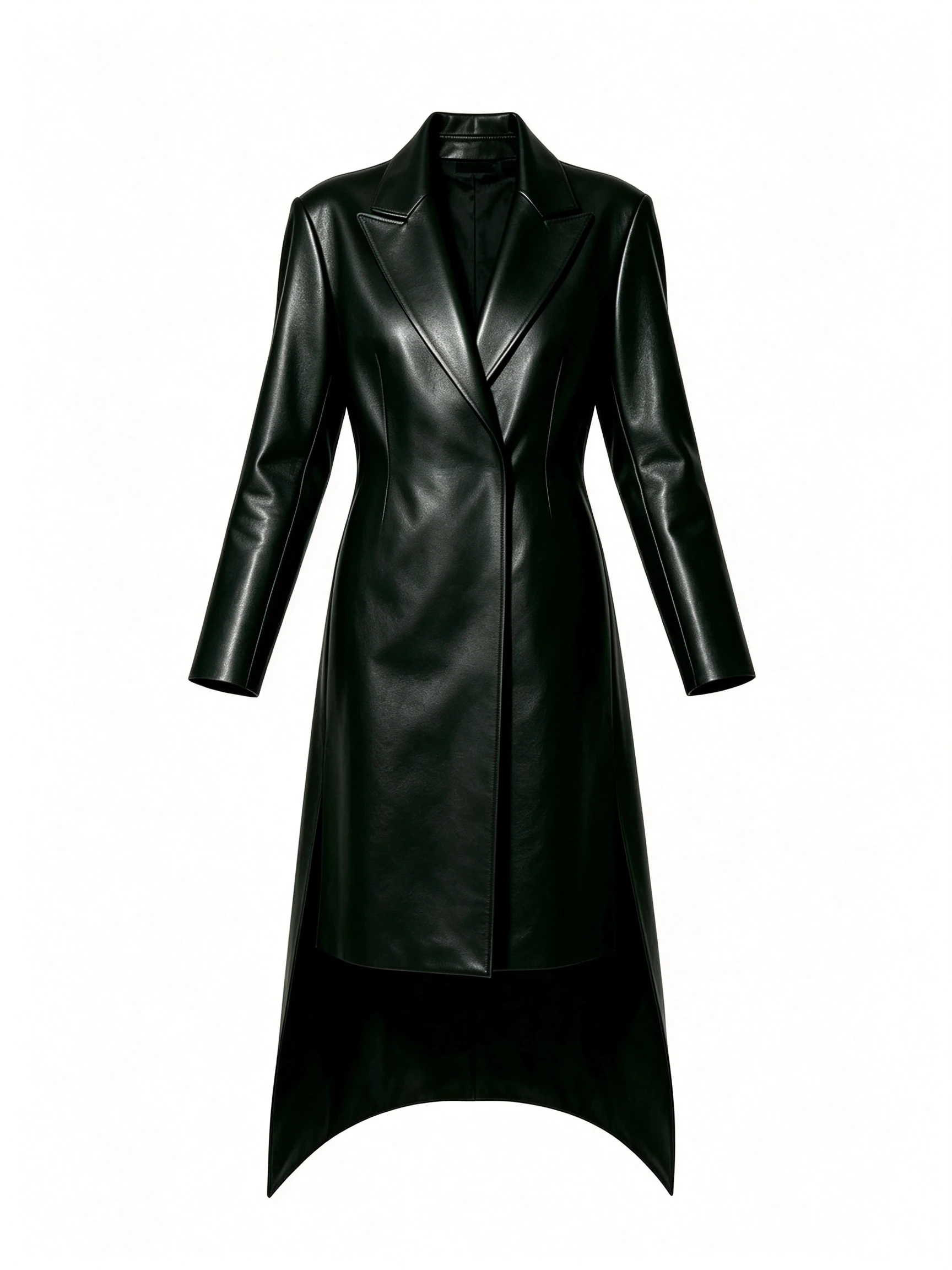 Women's Long Faux Leather Trench Coat with Notch Lapel and Dramatic High-Low Hem